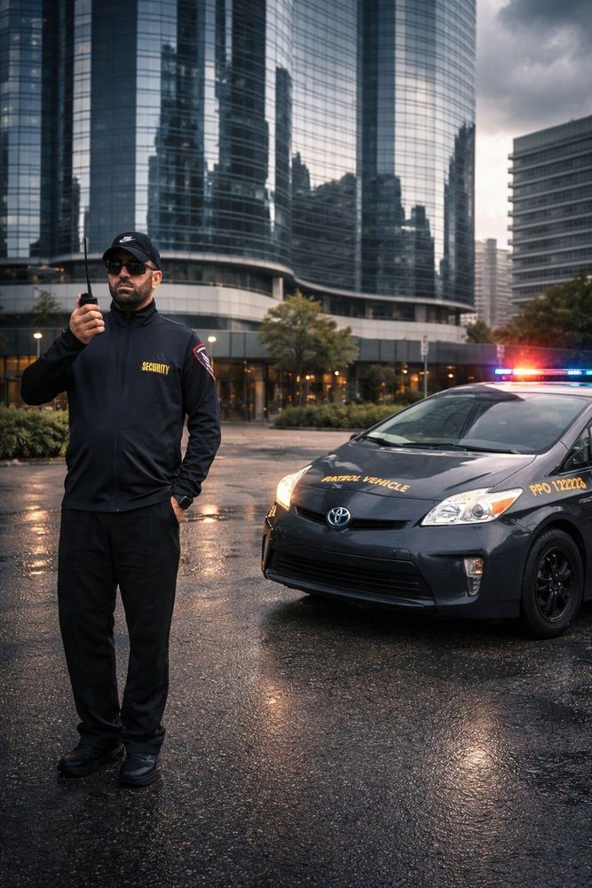 Two licensed security guards on post outside a commercial building
